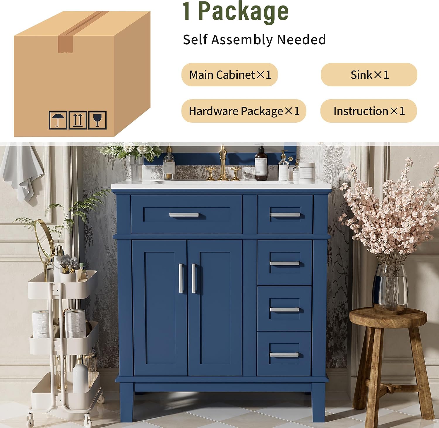 Harper & Bright Designs 30' Bathroom Vanity with Sink, Free Standing Single Basin Vanity Set with 2 Drawers, and Soft-Close Doors, Wood Bathroom Cabinet with Ceramic Basin for Bathroom, Blue