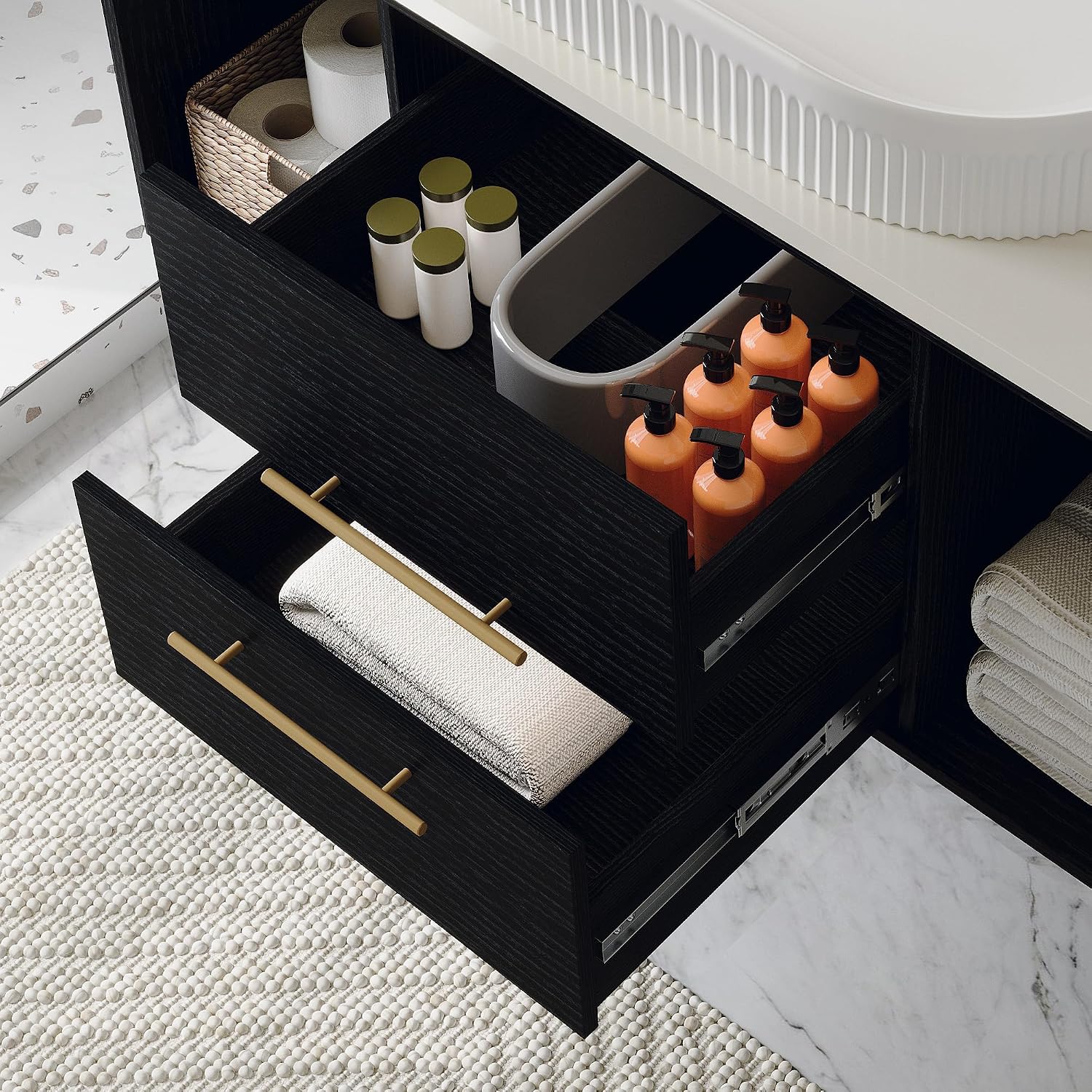 40' Floating Bathroom Vanities with Oval Ceramic Sink, Wall Mounted Bathroom Vanity Storage Cabinet with 2 Drawers and 2 Storage Spaces, Modern Bathroom Sink Cabinet with Gold Metal Handles,Black