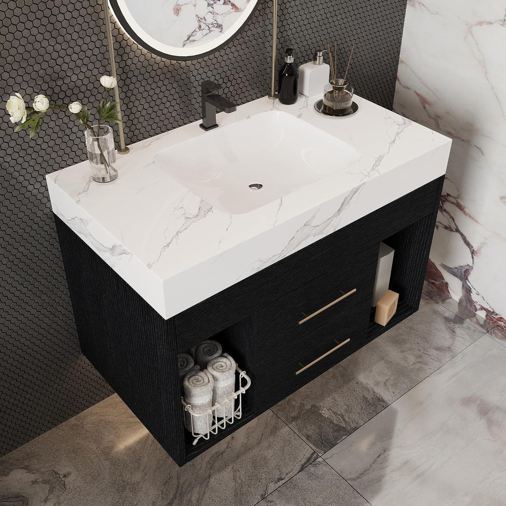 30' Bathroom Vanity with Sink Set, Modern Black Wall Mounted Bathroom Vanity Cabinet with Sintered Stone Top&Gold Handle 2 Drawers&2 Open Storage, Single Sink Floating Bathroom Vanity