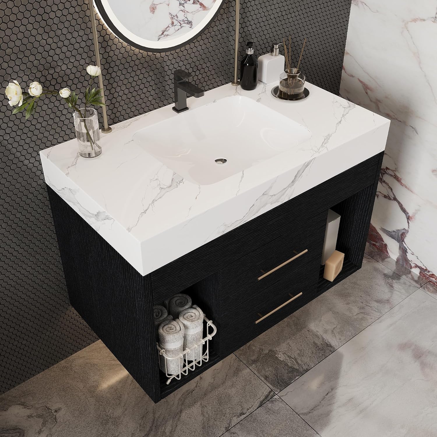 30' Bathroom Vanity with Sink Set, Modern Black Wall Mounted Bathroom Vanity Cabinet with Sintered Stone Top&Gold Handle 2 Drawers&2 Open Storage, Single Sink Floating Bathroom Vanity