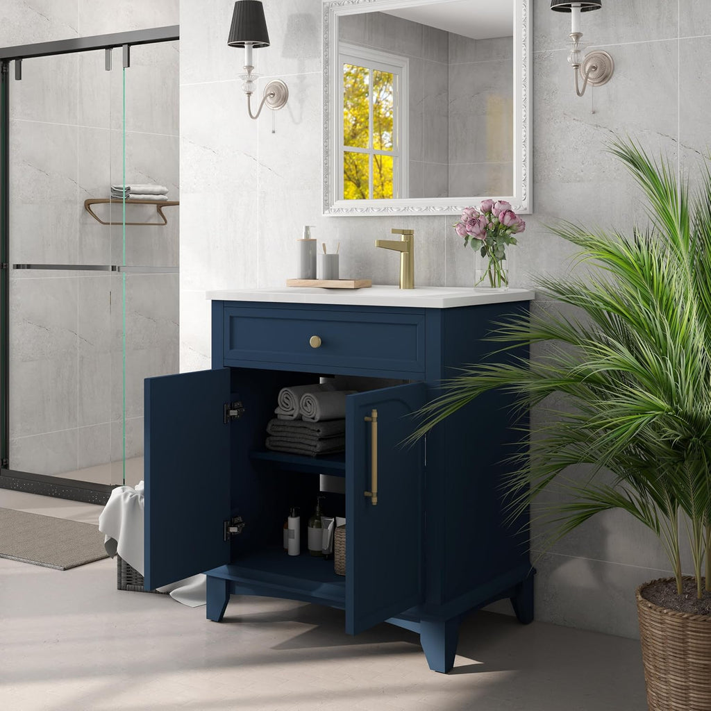 28 inch Bathroom Vanity with Sink Combo, Mid Century Modern Freestanding Bathroom Cabinet with Integrated Ceramic Sink, 2 Soft Closed Doors, Adjustable Shelves, Golden Handle, Blue