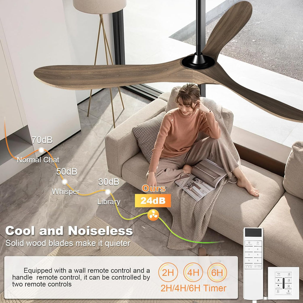 72Inch Large Size Solid Wood Ceiling Fan Without Light With Wall Switch & Remote Control Reversible DC Motor 6 Speed 3 Blade Ceiling Fan No Light Low Profile Ceiling Fan For Bedroom Indoor Deep Brown