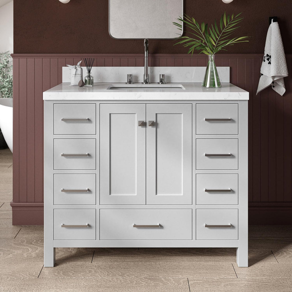 ARIEL Cambridge 42-inch Bathroom Vanity with Sink,Solid Wood, 1.5-inch Carrara White Quartz Countertop, Single Rectangular Porcelain Sink, 2 Soft Closing Doors, 9 Dovetail Drawers, Grey