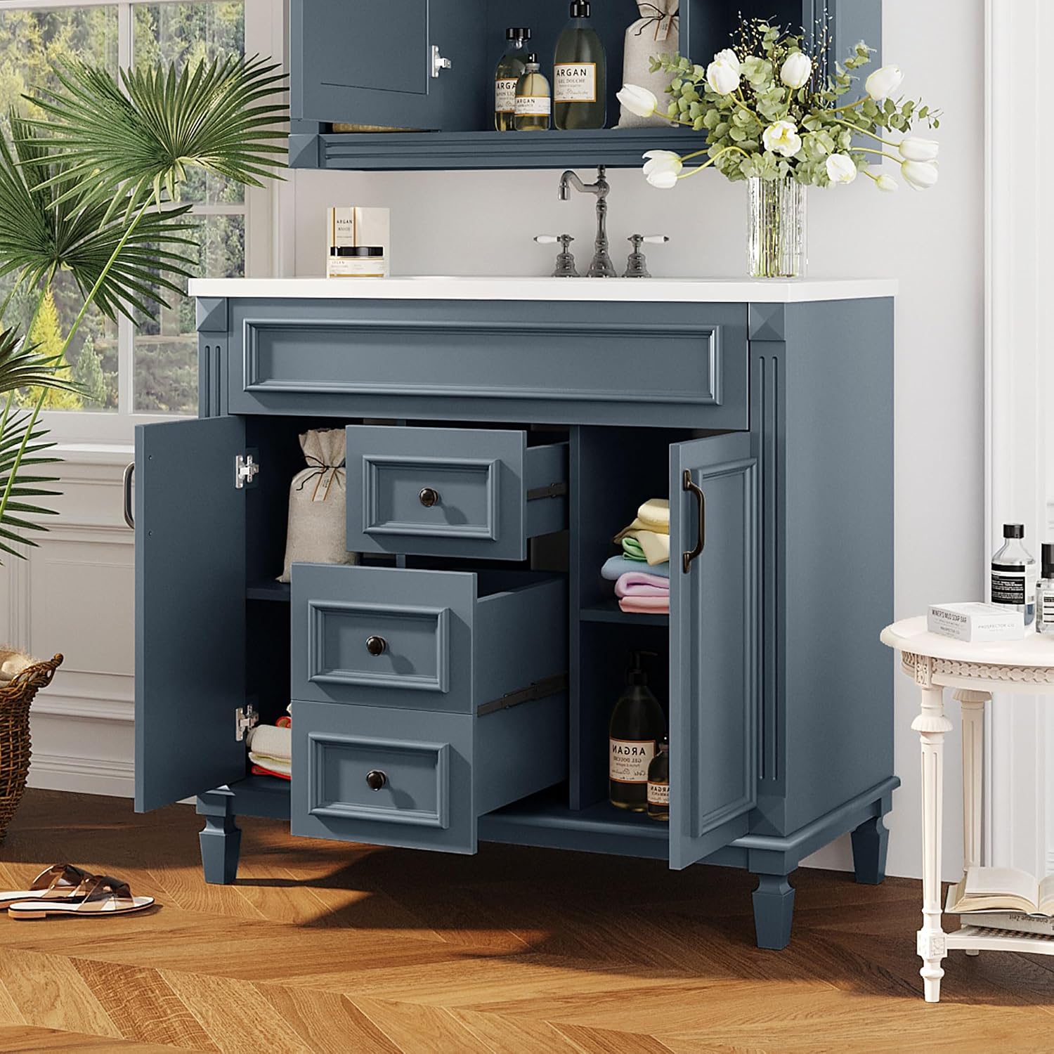 Merax 36' Bathroom Vanities with Single Sink, Modern Undermount Bathroom Sink Cabinet with 3 Closing Doors & 2 Full Extension Dovetail Drawers