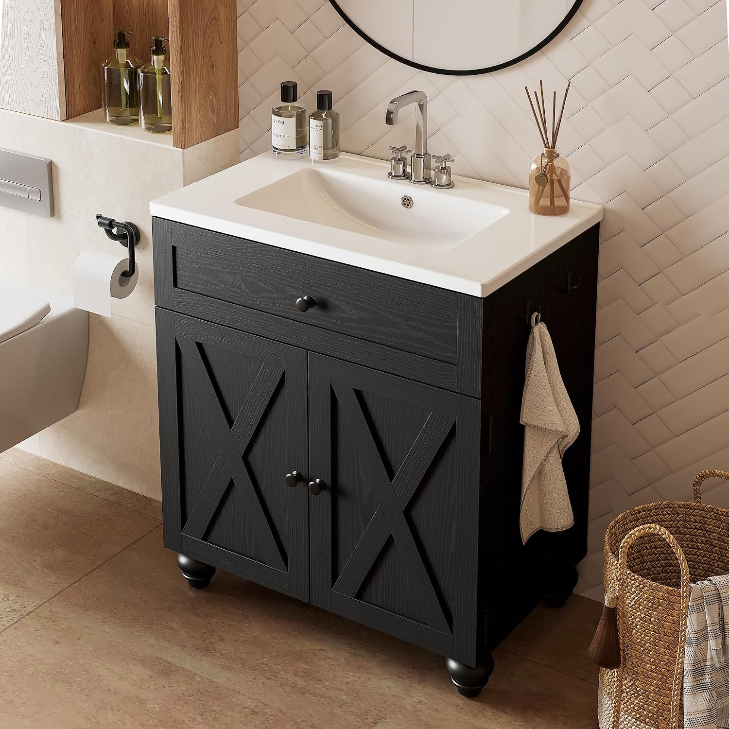 30 Inch Bathroom Vanity with Sink Easy-to-Install 30' Bathroom Vanity 2-Tier Large Storage Areas with Adjustable Shelves 4-Tier Storage Compartments Tip-out Drawer 2 Hooks Solid Wood Legs Black
