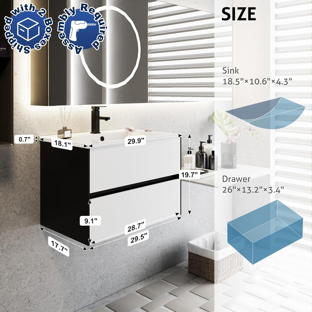 eclife 30' Bathroom Vanity Cabinet with Undermount White Sink Combo, Wall Mounted Floating Bathroom Cabinet with Colors Mixed Style, 2 Big Drawers & Matte Black Faucet