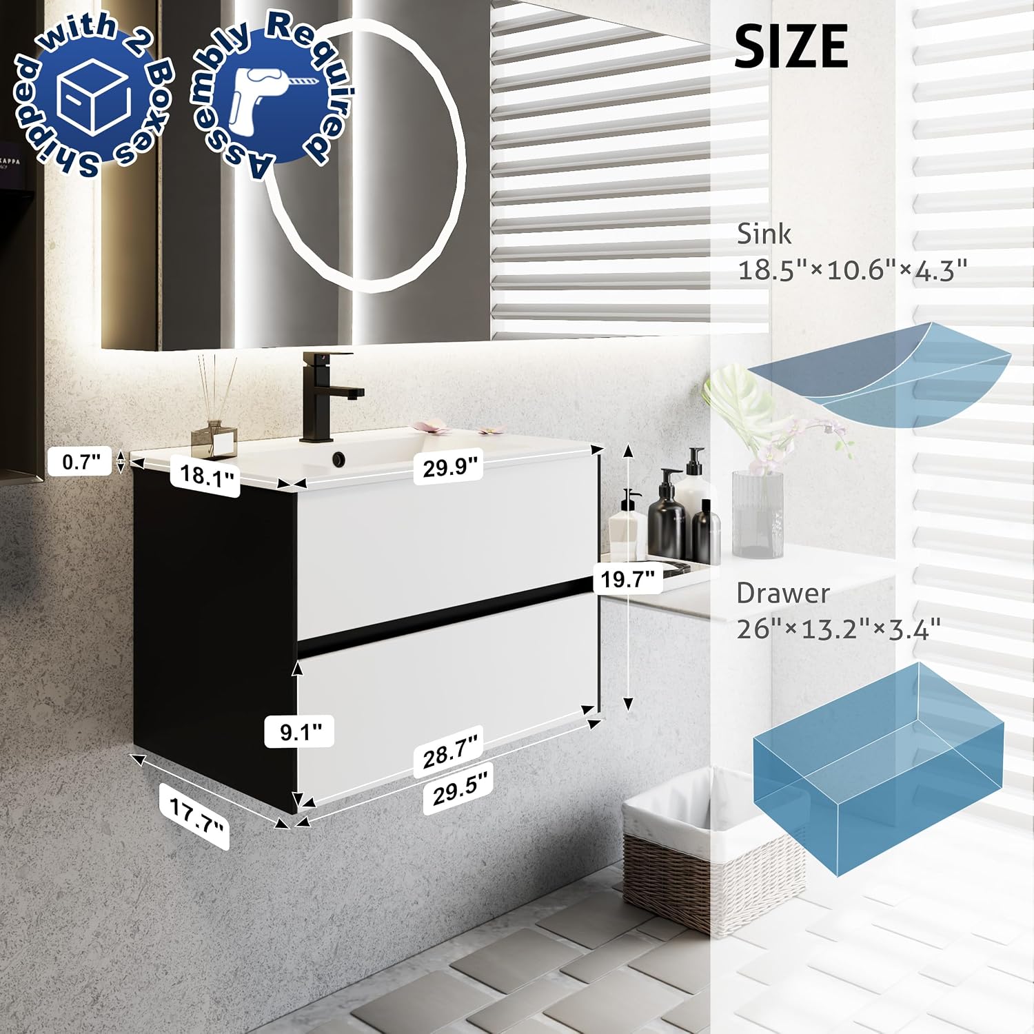 eclife 30' Bathroom Vanity Cabinet with Undermount White Sink Combo, Wall Mounted Floating Bathroom Cabinet with Colors Mixed Style, 2 Big Drawers & Matte Black Faucet