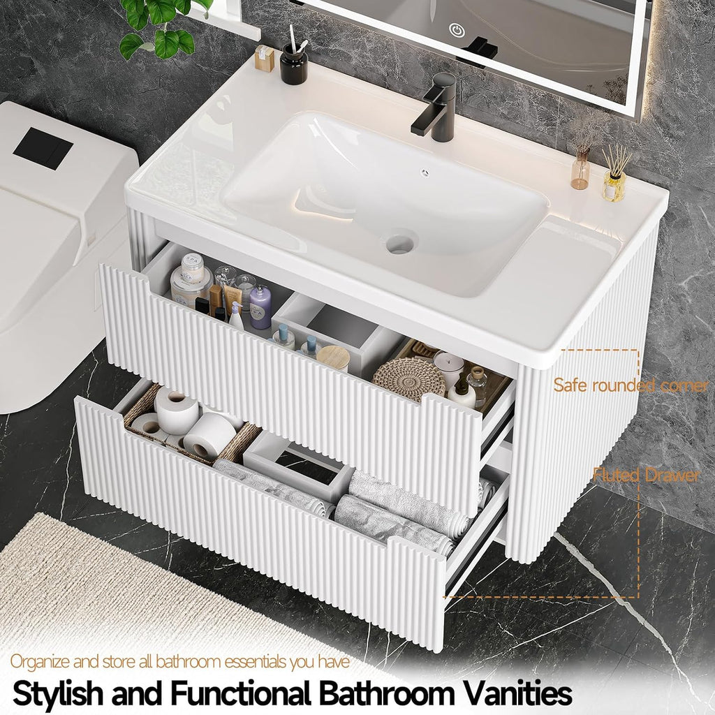ONBRILL Modern Bathroom Vanity with Sink Combo, Curved Floating Bath Vanity with 2 Drawers, Wall Mount Bathroom Vanities with Integrated Ceramic Sink for Small Space, Apartment (White, 36')