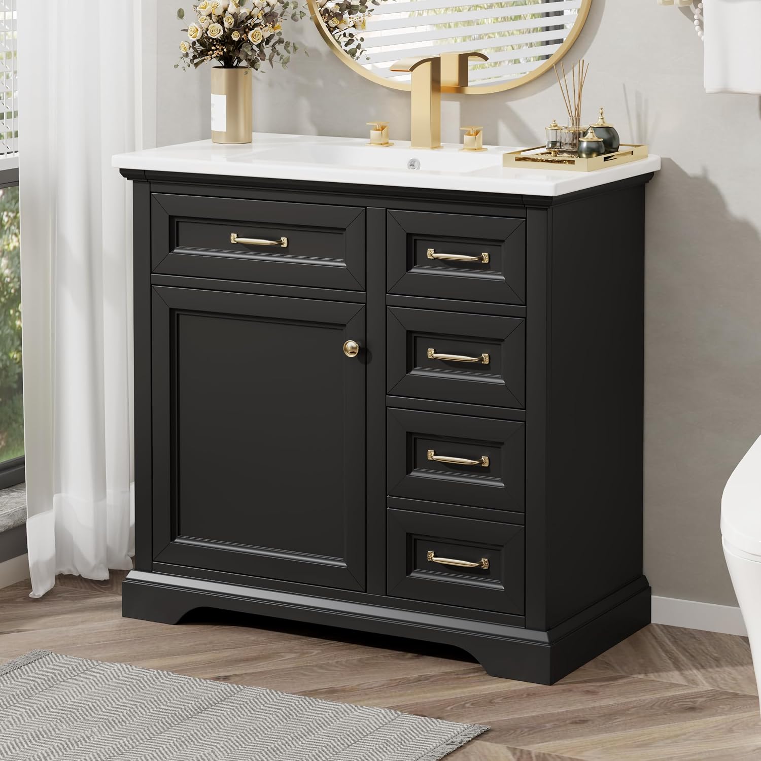 36' Bathroom Vanities Cabinet with Ceramic Sink Set Combo, Tip-Out Drawers, Storage Organizer Door Shelf, Soft-Closing Door, Black
