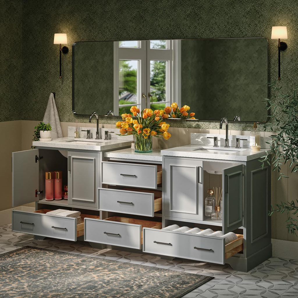 ARIEL Stafford 84-inch Bathroom Vanity with Sink,Solid Wood, 1.5in Italian Carrara Marble Countertop & Backsplash, Double Rectangular Porcelain Sink, 4 Soft Closing Doors, 5 Dovetail Drawers, Grey