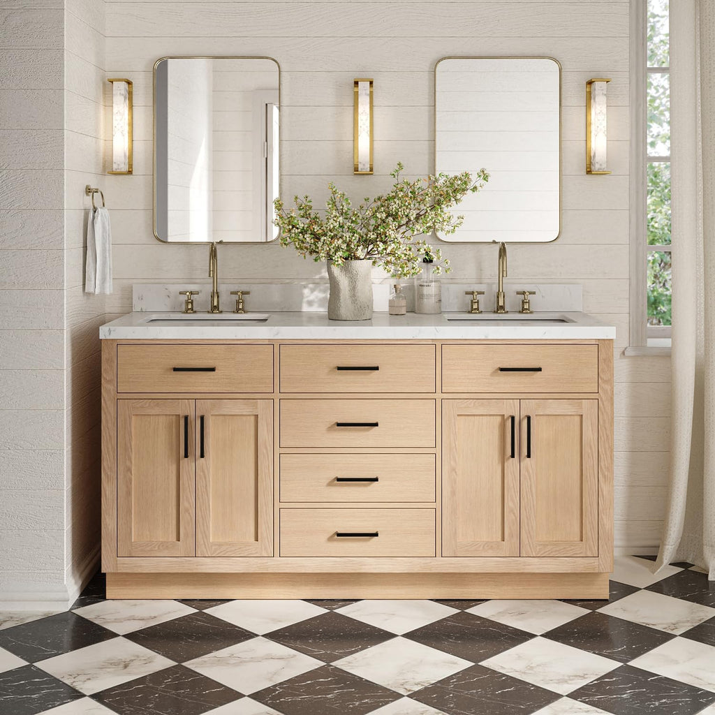 ARIEL Hepburn 66-inch Bathroom Vanity with Sink,Solid Wood, 1.5-inch Carrara White Quartz Countertop, Double Rectangular Porcelain Sink, 4 Soft Closing Doors, 6 Dovetail Drawers, White Oak