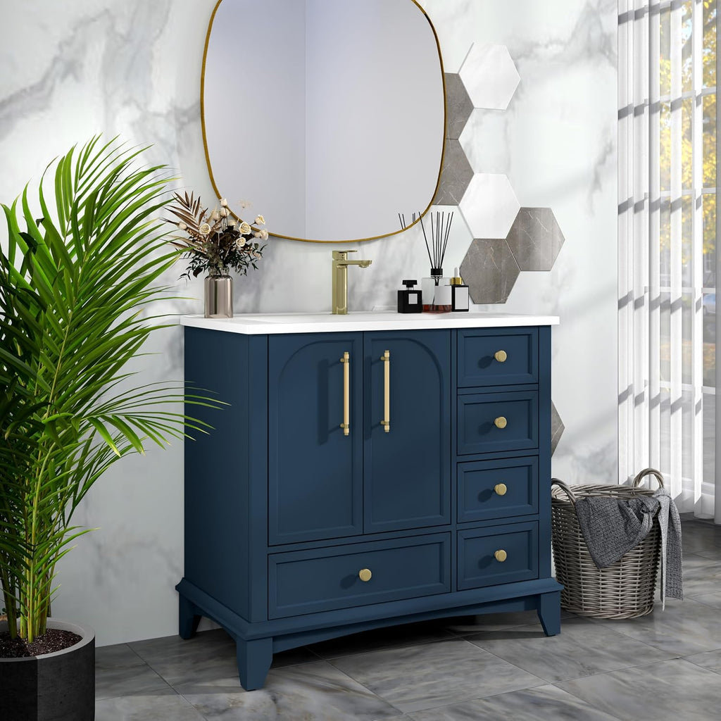 36 inch Bathroom Vanity with Sink Combo, Mid Century Modern Freestanding Bathroom Cabinet with Integrated Ceramic Sink, 4 Storage Drawers, 2 Soft Closed Doors, Adjustable Shelves, Golden Handle, Blue