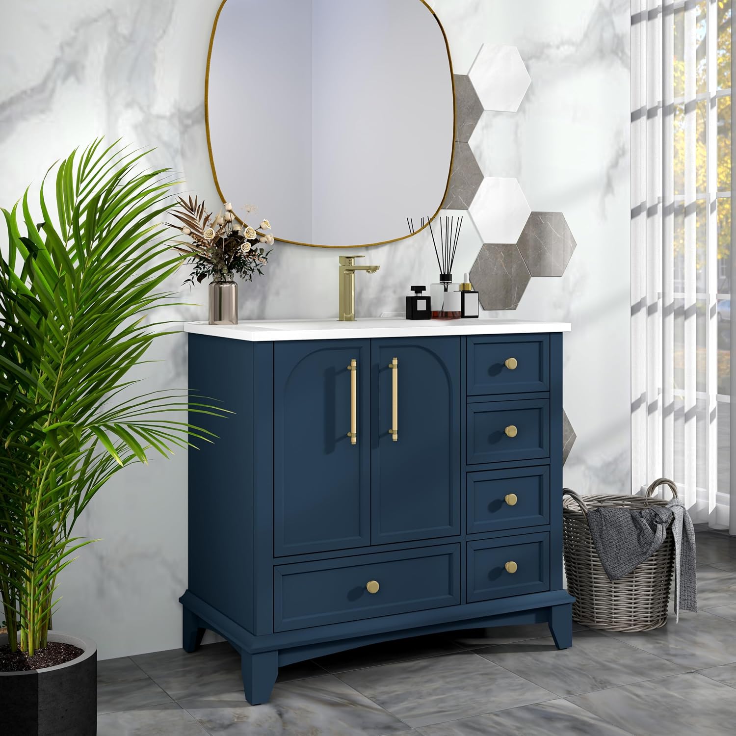36 inch Bathroom Vanity with Sink Combo, Mid Century Modern Freestanding Bathroom Cabinet with Integrated Ceramic Sink, 4 Storage Drawers, 2 Soft Closed Doors, Adjustable Shelves, Golden Handle, Blue