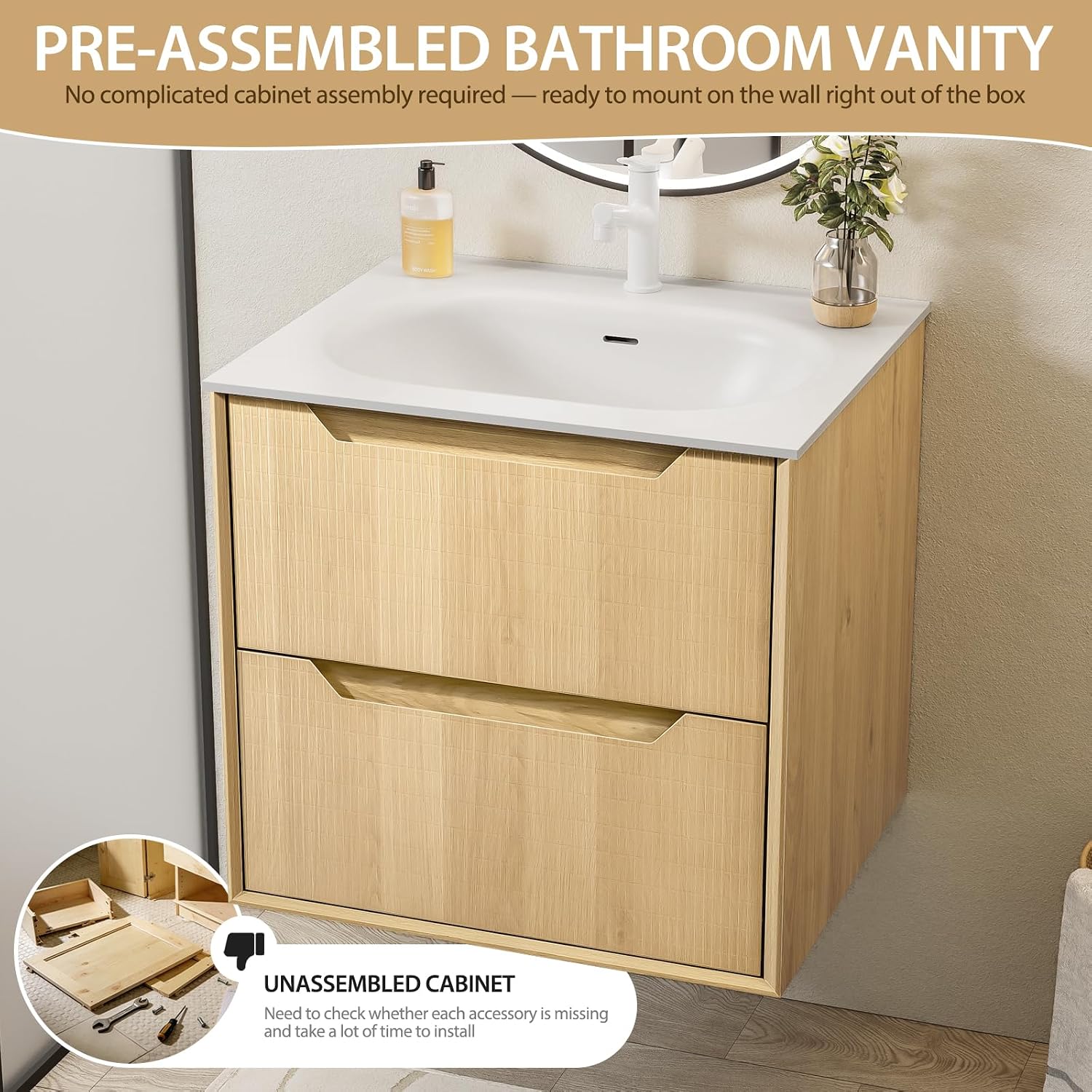 Eleshine 24' Wall Mounted Floating Bathroom Vanity with Sink, 2 Soft-Close Drawers, White Stone Top, Natural Oak Grid Texture, Multi-Layer Solid Wood, Pre-Assembled