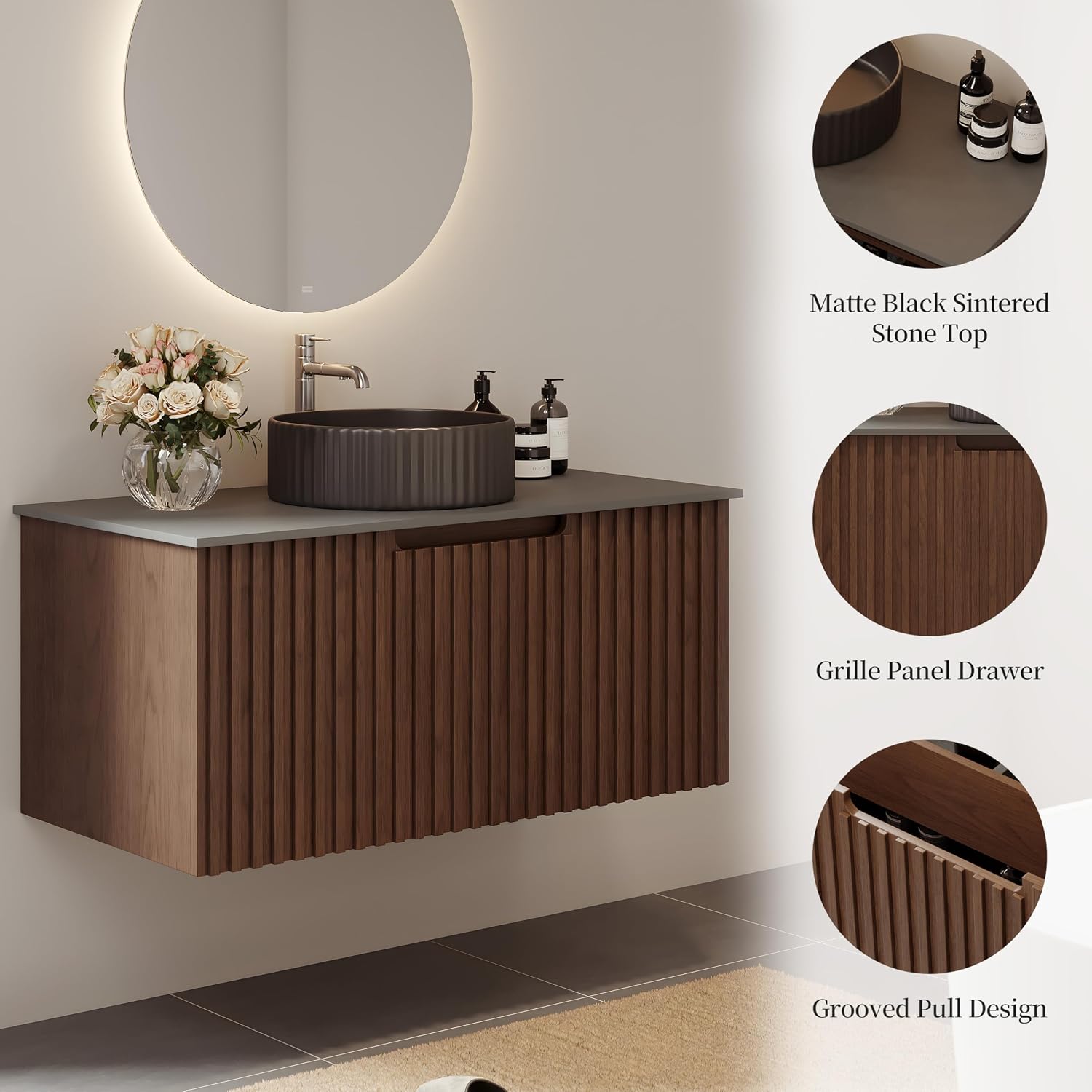 36' Floating Bathroom Vanity with Sink, Modern Wall Mounted Vanity Bathroom Storage Cabinet with Dark Gray Sintered Stone Top Black Ceramic Basin, Walnut