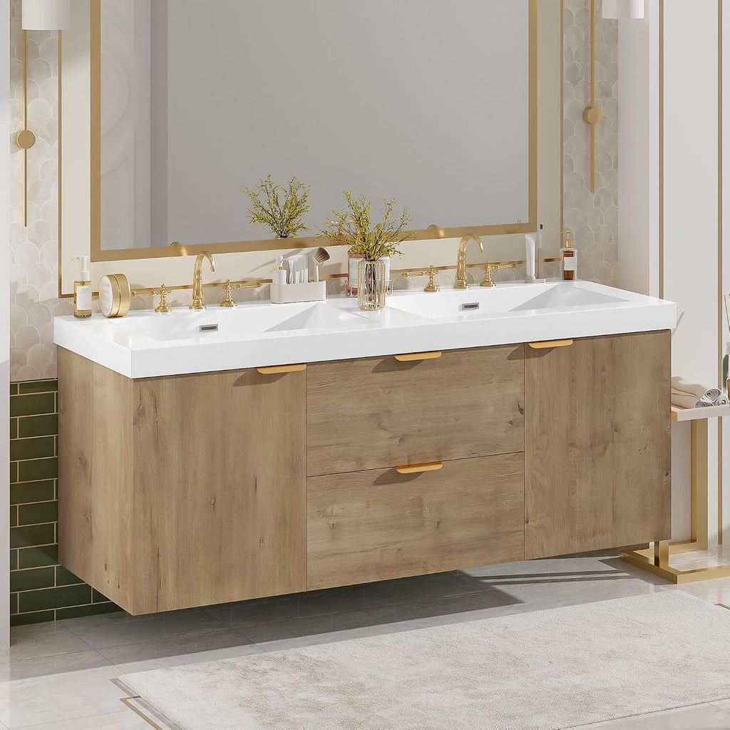 60'' Floating Bathroom Vanity with Sink, Wall-Mounted Cabinet with Drawer & Doors, SMC Resin Top Undermount Basin, Soft-Close, with Handle for Large Bathrooms