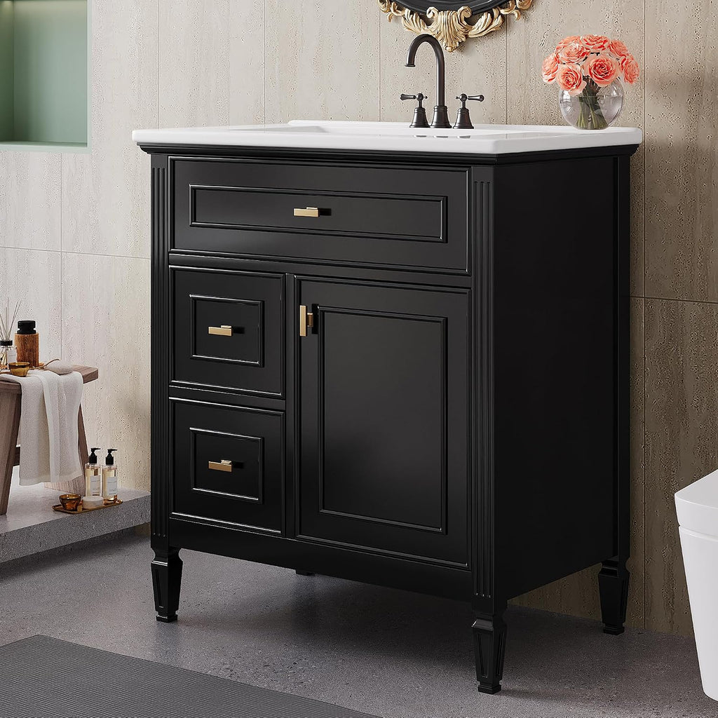 Harper & Bright Designs 30' Bathroom Vanity with Sink, Free Standing Vanity Set with Tip-Out Drawer, 2 Drawers, and Adjustable Shelf, Wood Bathroom Cabinet with Ceramic Basin for Bathroom, Black