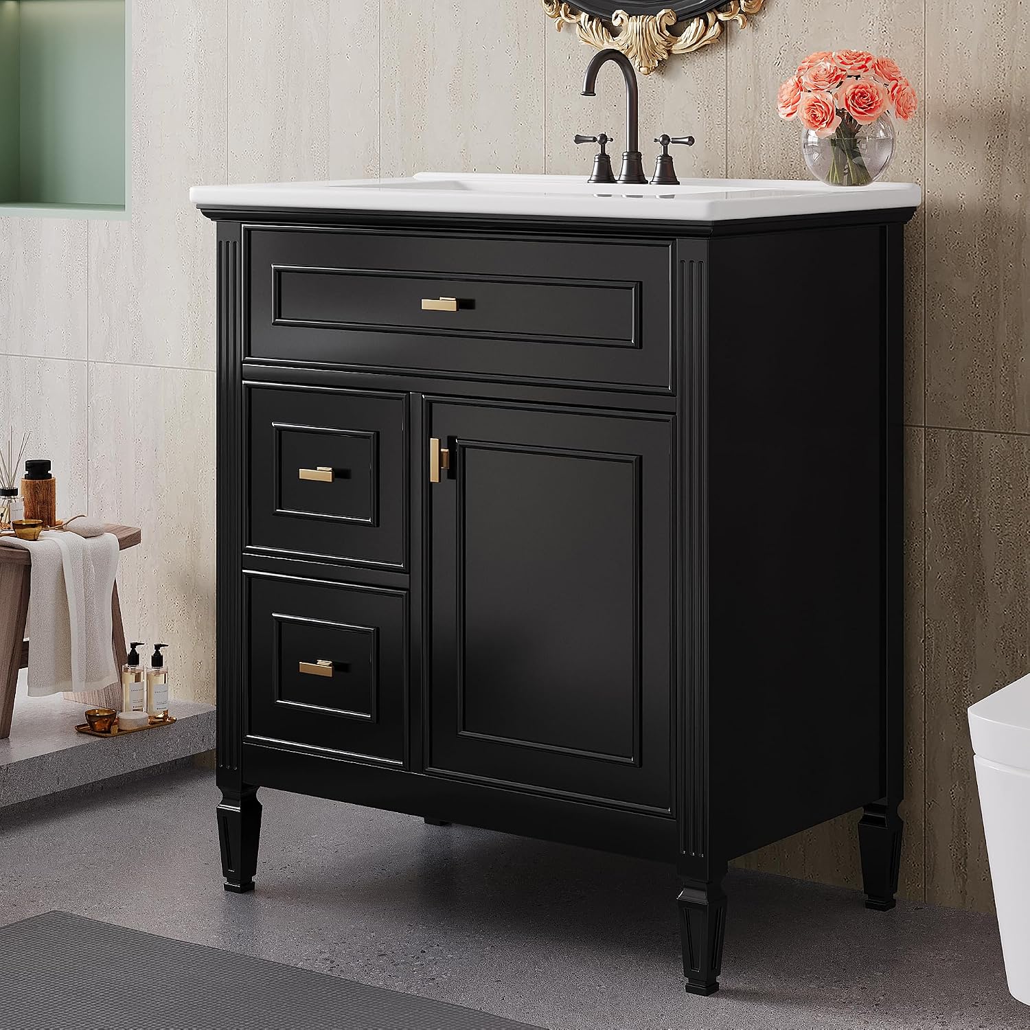 Harper & Bright Designs 30' Bathroom Vanity with Sink, Free Standing Vanity Set with Tip-Out Drawer, 2 Drawers, and Adjustable Shelf, Wood Bathroom Cabinet with Ceramic Basin for Bathroom, Black