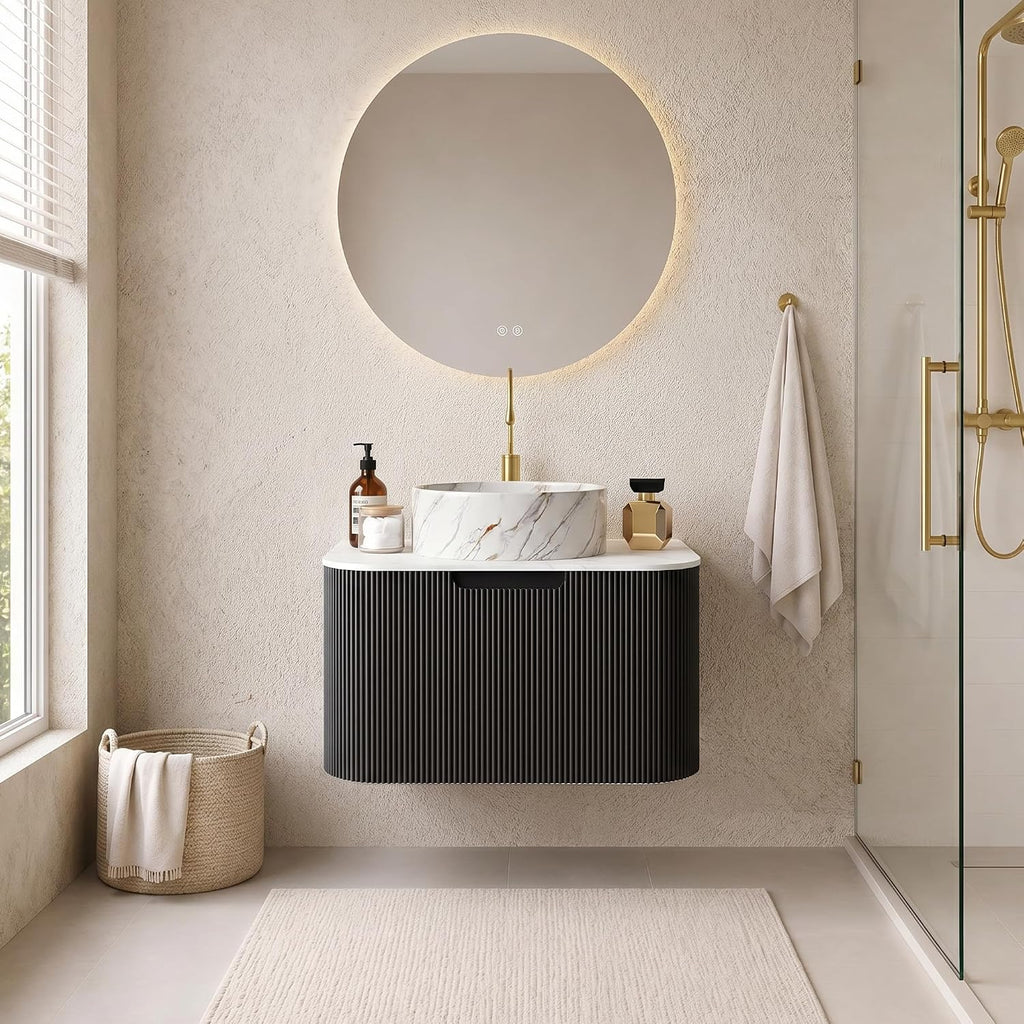 Yayzy 24' Floating Bathroom Vanity with Sink, Solid Wood Fluted Cabinet, White Marble-Patterned Ceramic Basin & Faux Marble Top, Soft-Close Drawer, Pre-Assembled, Gloss Black