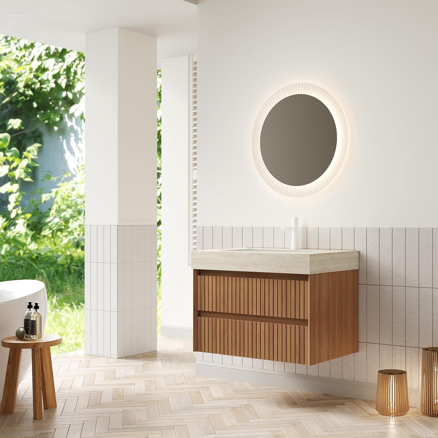30' Bathroom Vanity with Sink, Modern Bathroom Floating Vanity with Travertine-Pattern Sintered Stone Top & Ceramic Undermount Basin, Pre-Assembled W/2 Drawers, Espresso