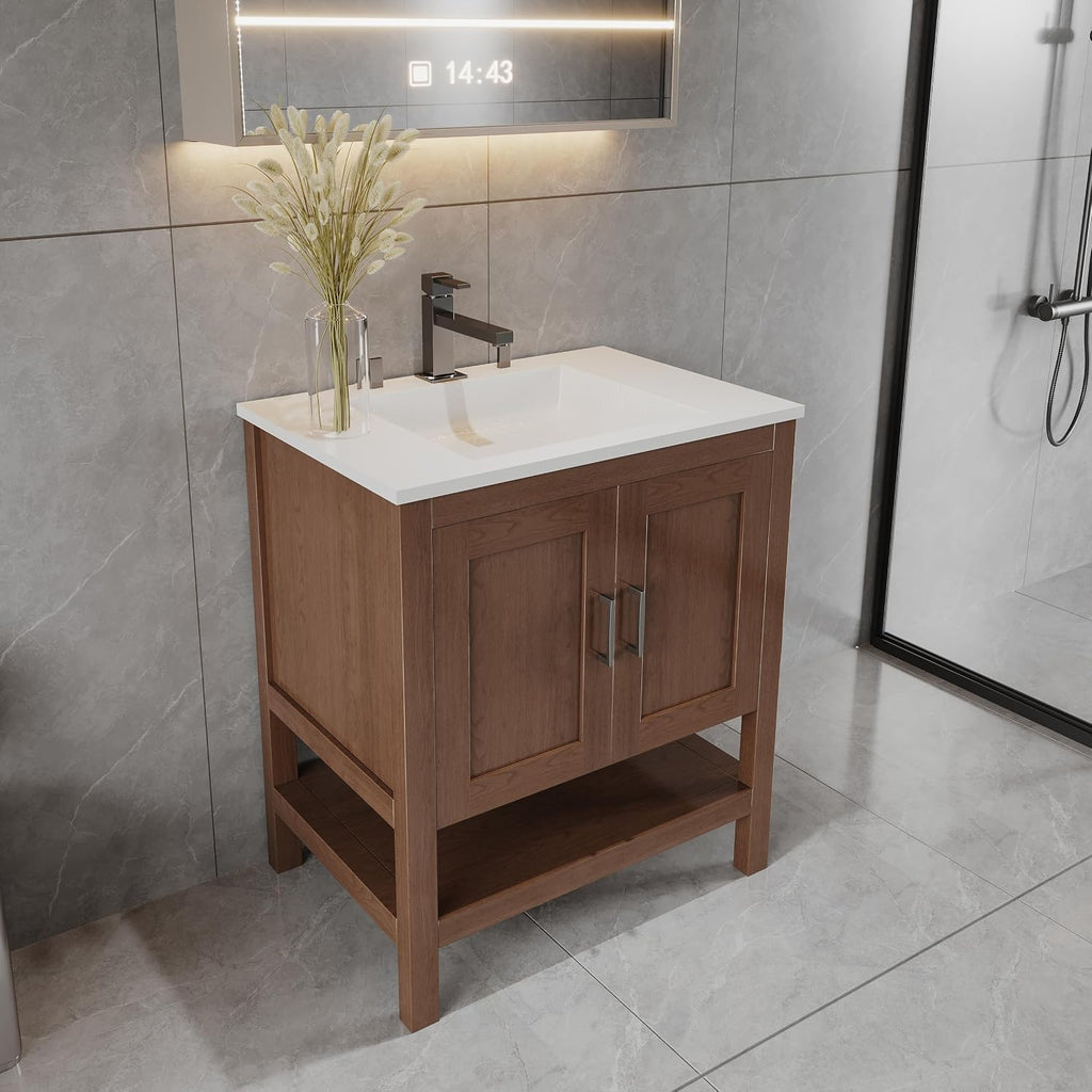 30' Bathroom Vanity Base – Freestanding Solid Wood Cabinet with Open Shelf, Soft-Close Doors, Natural Wood Finish, Sink Base Cabinet Only (No Top)