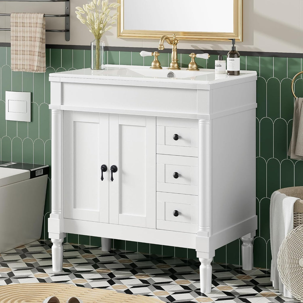 Favfurish 30' Bathroom Vanity with Ceramic Sink,2 Soft-Closing Doors and 3 Drawers,Bathroom Storage Cabinet Set w/U-Shaped Adjustable Shelf,Modern Elegant Design,Without Faucet,White