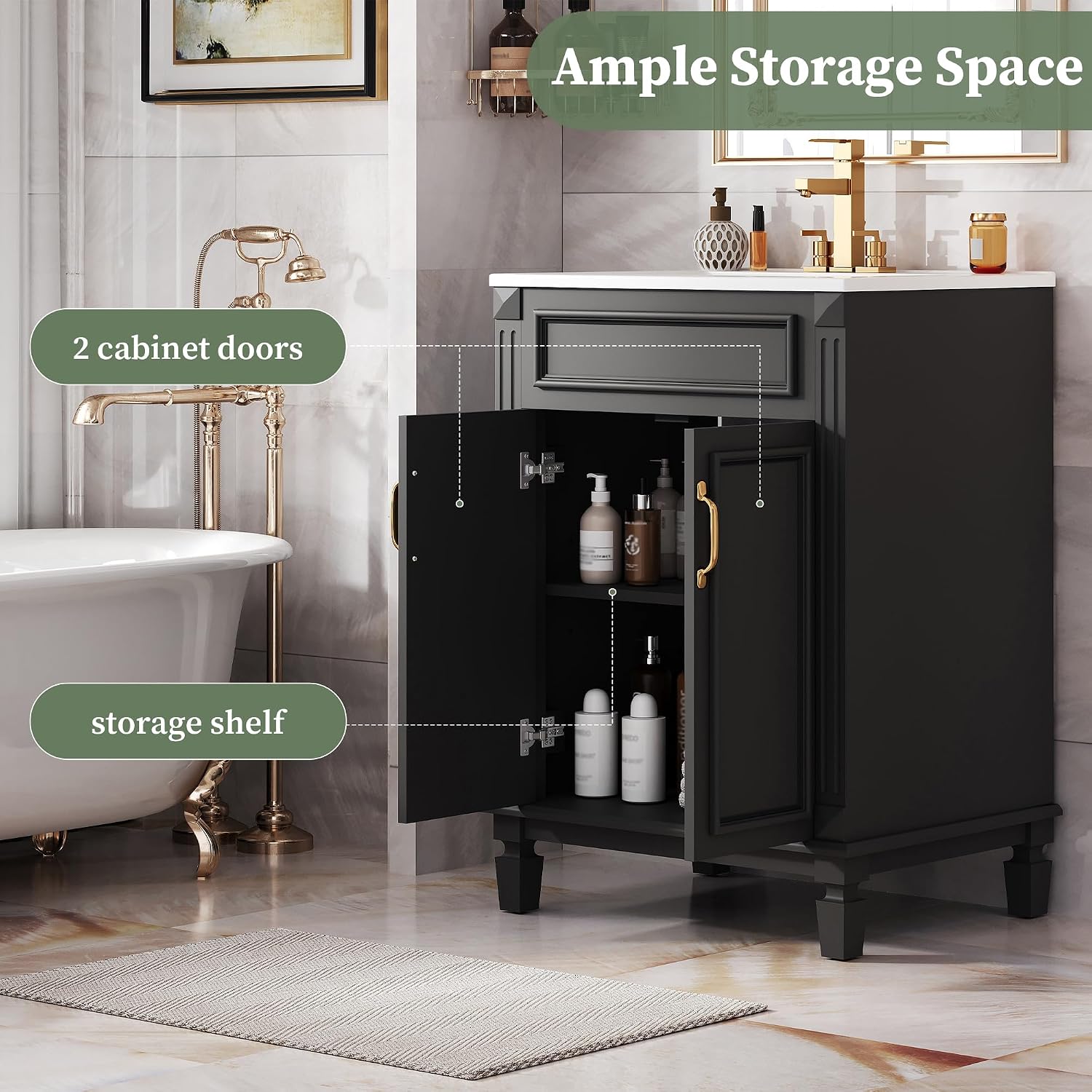 24 Inch Black Bathroom Vanity with Sink,Modern Bathroom Vanity with Intergrated Countertop & 2 Tier Storage Cabinet,Soft-Closing Doors with Gold Handles,Adjustable Shelf,Solid Wood Frame