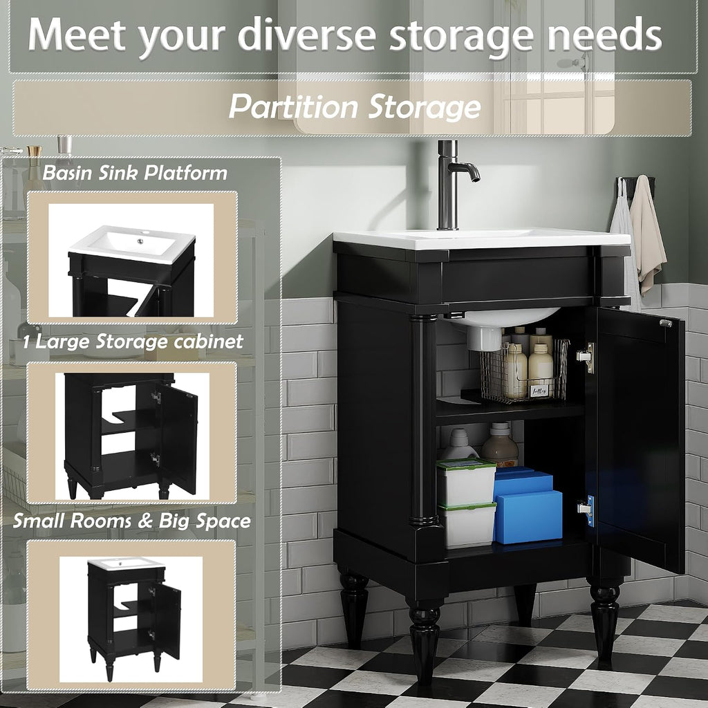VilroCaz Modern 18'' Bathroom Vanity with Top Sink, Freestanding Bathroom Storage Cabinet with Door and Adjustable Shelf, Single Sink Cabinet with Nordic Style Legs (Black-Retro)