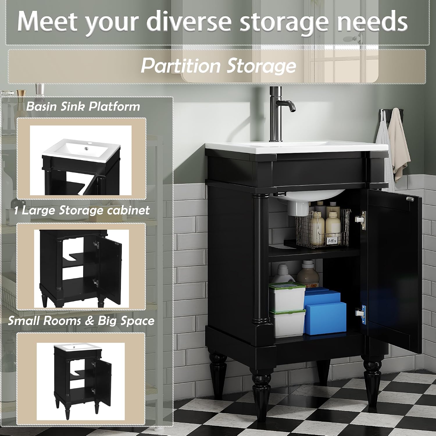 VilroCaz Modern 18'' Bathroom Vanity with Top Sink, Freestanding Bathroom Storage Cabinet with Door and Adjustable Shelf, Single Sink Cabinet with Nordic Style Legs (Black-Retro)