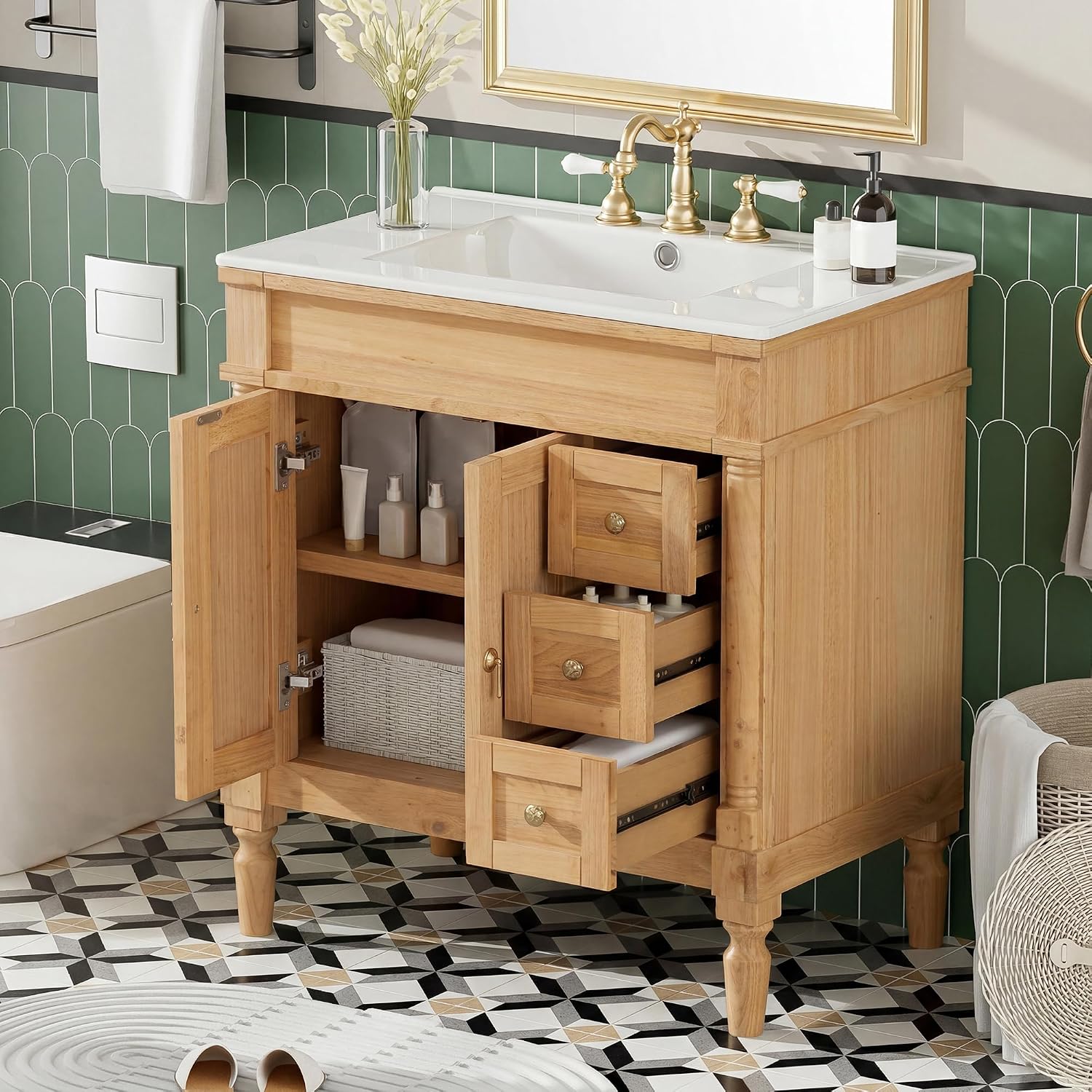 Merax 30' Bathroom Vanity with Sink, 4 Solid Legs, 3 Drawers 2 Doors, Modern Freestanding Wooden Bathroom Cabinet with Undermount Upgraded Ceramic Sink, Quick Assembly, Nature Wood