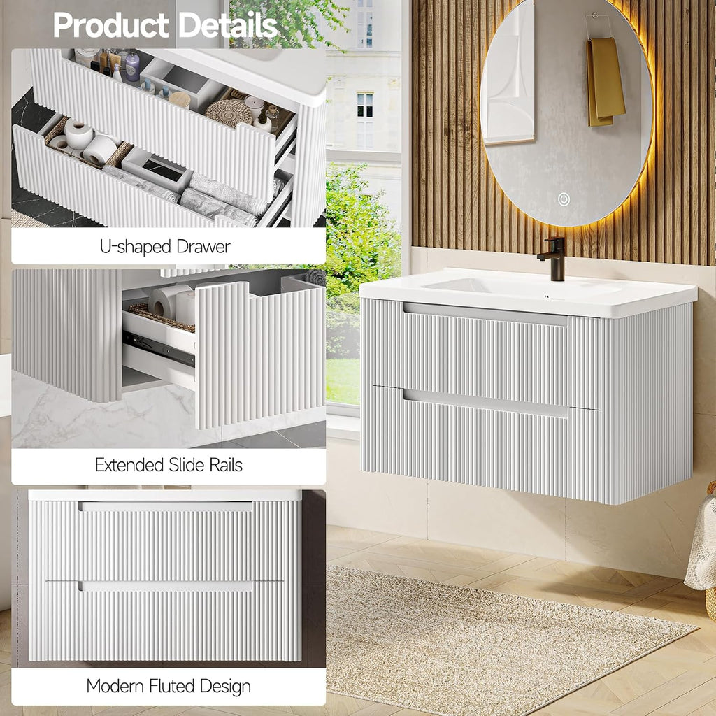 ONBRILL Modern Bathroom Vanity with Sink Combo, Curved Floating Bath Vanity with 2 Drawers, Wall Mount Bathroom Vanities with Integrated Ceramic Sink for Small Space, Apartment (White, 36')