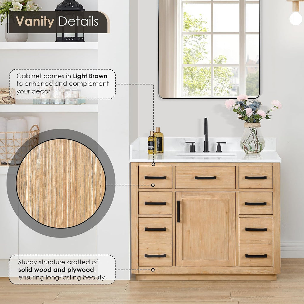 ALTAIR 42 Bathroom Vanity with Top and Sink Mordern Pedestal Single Vanities Light Brown Large Storge Cabinet with Ceramic Countertop Sidesplash and Backsplash Included Pre-Assembled