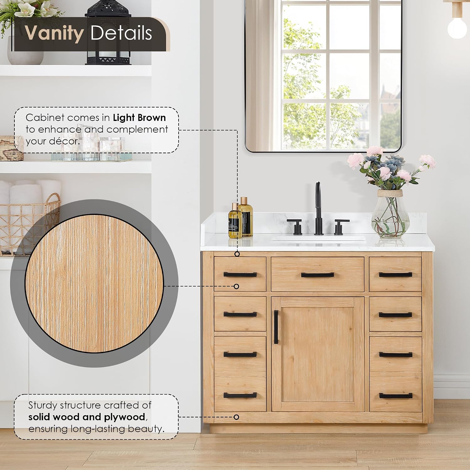 ALTAIR 42 Bathroom Vanity with Top and Sink Mordern Pedestal Single Vanities Light Brown Large Storge Cabinet with Ceramic Countertop Sidesplash and Backsplash Included Pre-Assembled