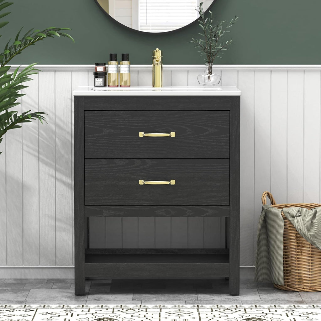 Bathroom Vanity with Sink 24 Inch, Modern Bathroom Cabinet Set with LED Light for Small Space, 2 Soft-Close Drawers with Organizer, Deep and Sloped Single Sink, Easy Assembly, Black