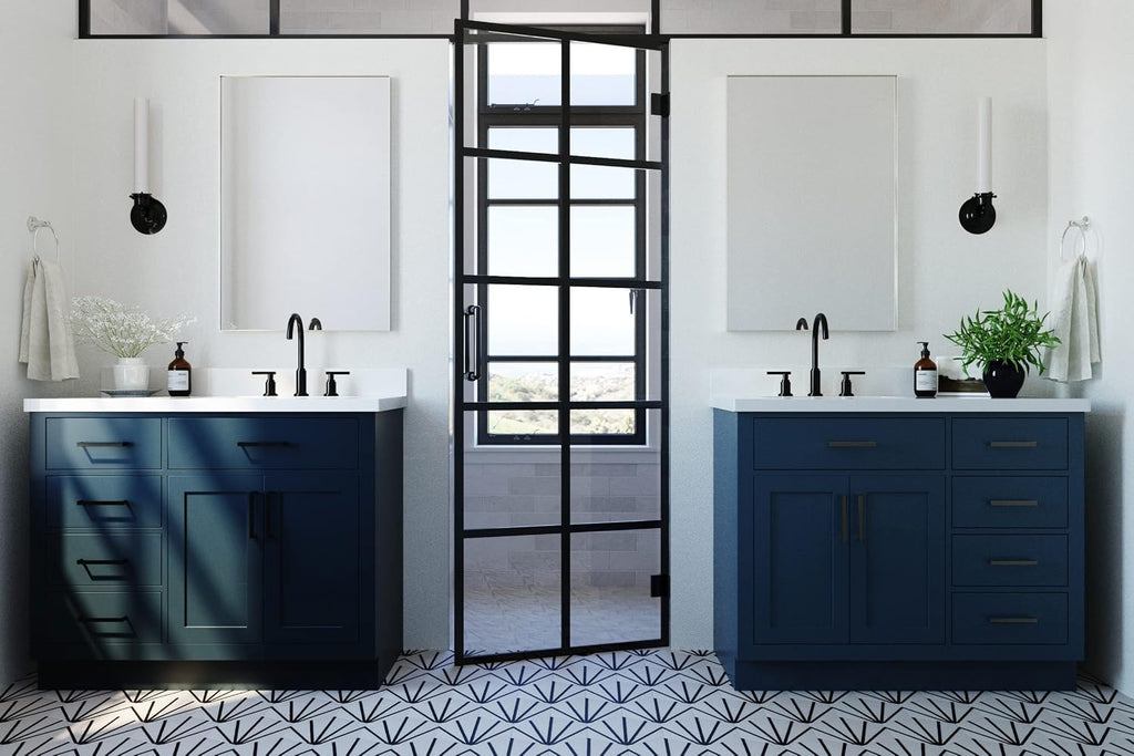 ARIEL Hepburn 43' Inch Left Offset Rectangle Sink Vanity with 1.5' Edge Pure White Quartz Countertop in Midnight Blue