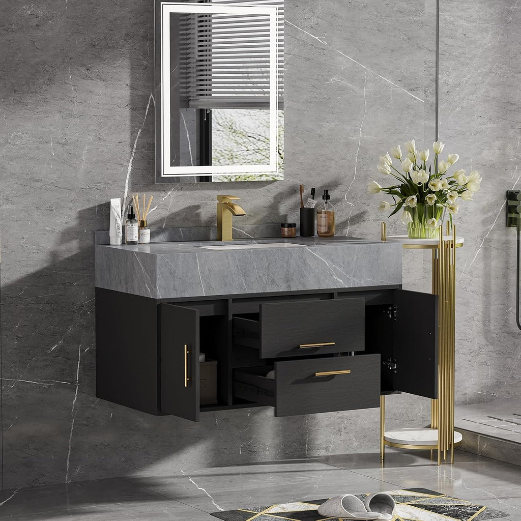homary 39.4 inch Floating Bathroom Vanity with Single Sink, Modern Design with Sintered Stone Top & Undermount Sink, 2 Soft-Close Drawers for Master & Guest Bathrooms, Black