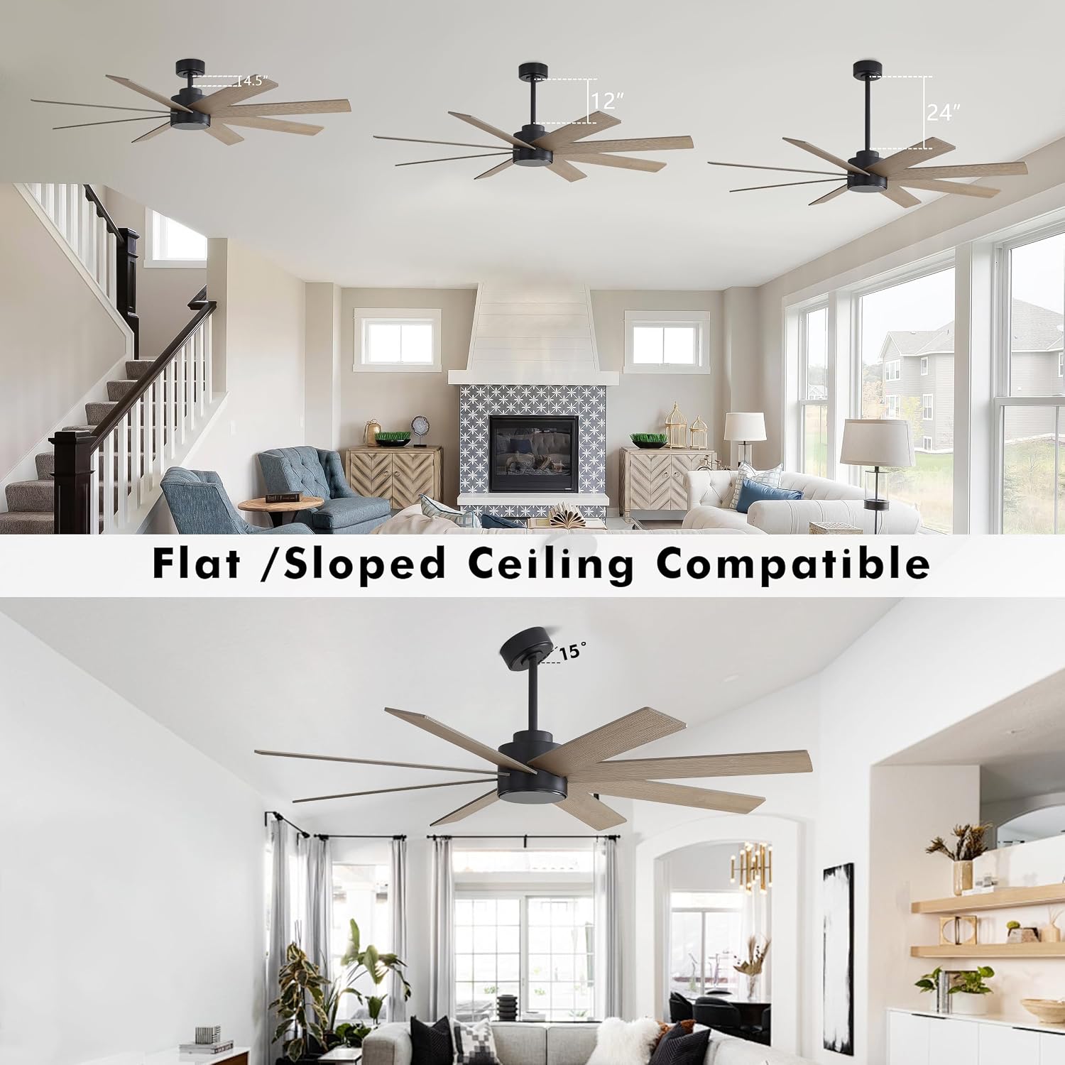 WINGBO 72' Large DC Ceiling Fans without Lights, 3 Downrods, 8 Plywood Blades, 6-Speeds Reversible DC Motor, Indoor Ceiling Fan No Lights for Bedroom Living Room Patio, Black and Gray