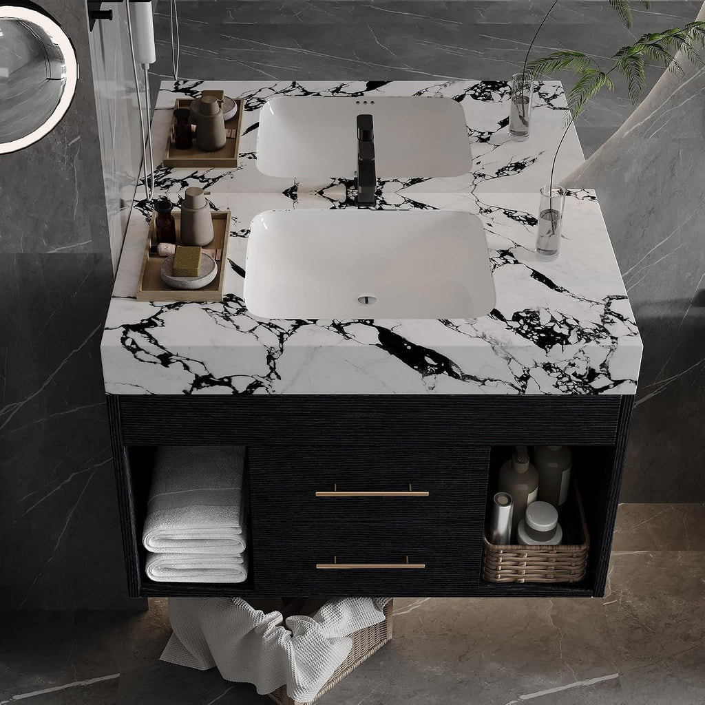 30' Bathroom Vanity with Sink Set, Modern Black Wall Mounted Bathroom Vanity Cabinet with Sintered Stone Top&Gold Handle 2 Drawers&2 Open Storage, Single Sink Floating Bathroom Vanity