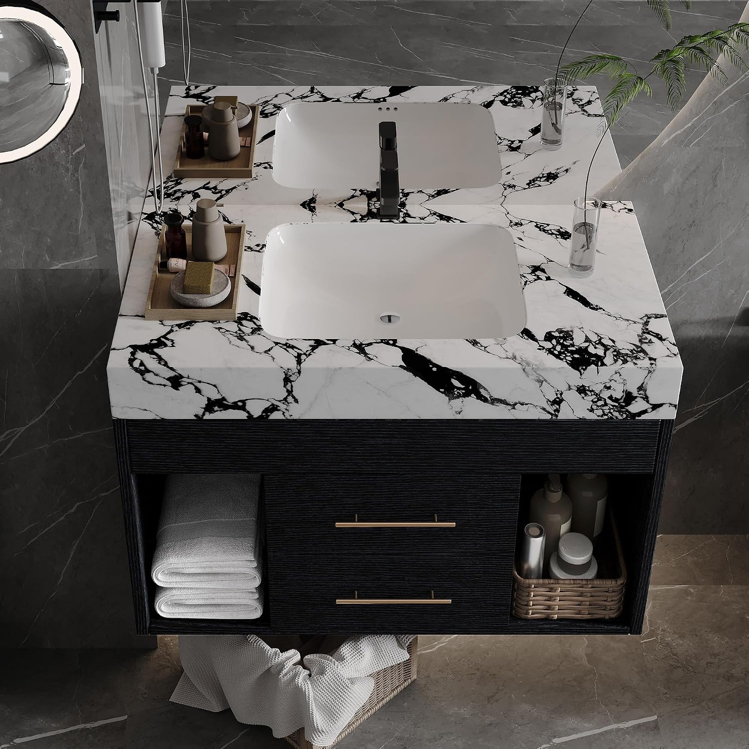 30' Bathroom Vanity with Sink Set, Modern Black Wall Mounted Bathroom Vanity Cabinet with Sintered Stone Top&Gold Handle 2 Drawers&2 Open Storage, Single Sink Floating Bathroom Vanity
