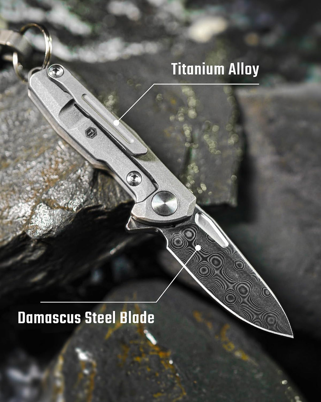 KeyUnity Titanium Mini Knife, Damascus Pattern Blade 1.34', Pocket Utility Tool with Clip for Everyday Carry