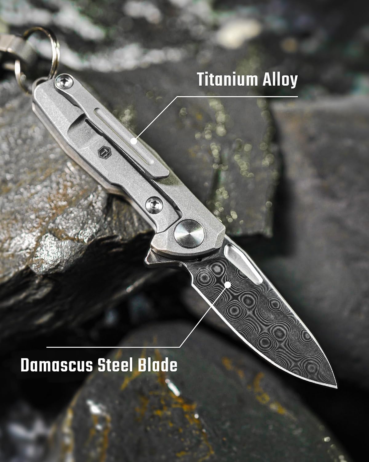 KeyUnity Titanium Mini Knife, Damascus Pattern Blade 1.34', Pocket Utility Tool with Clip for Everyday Carry