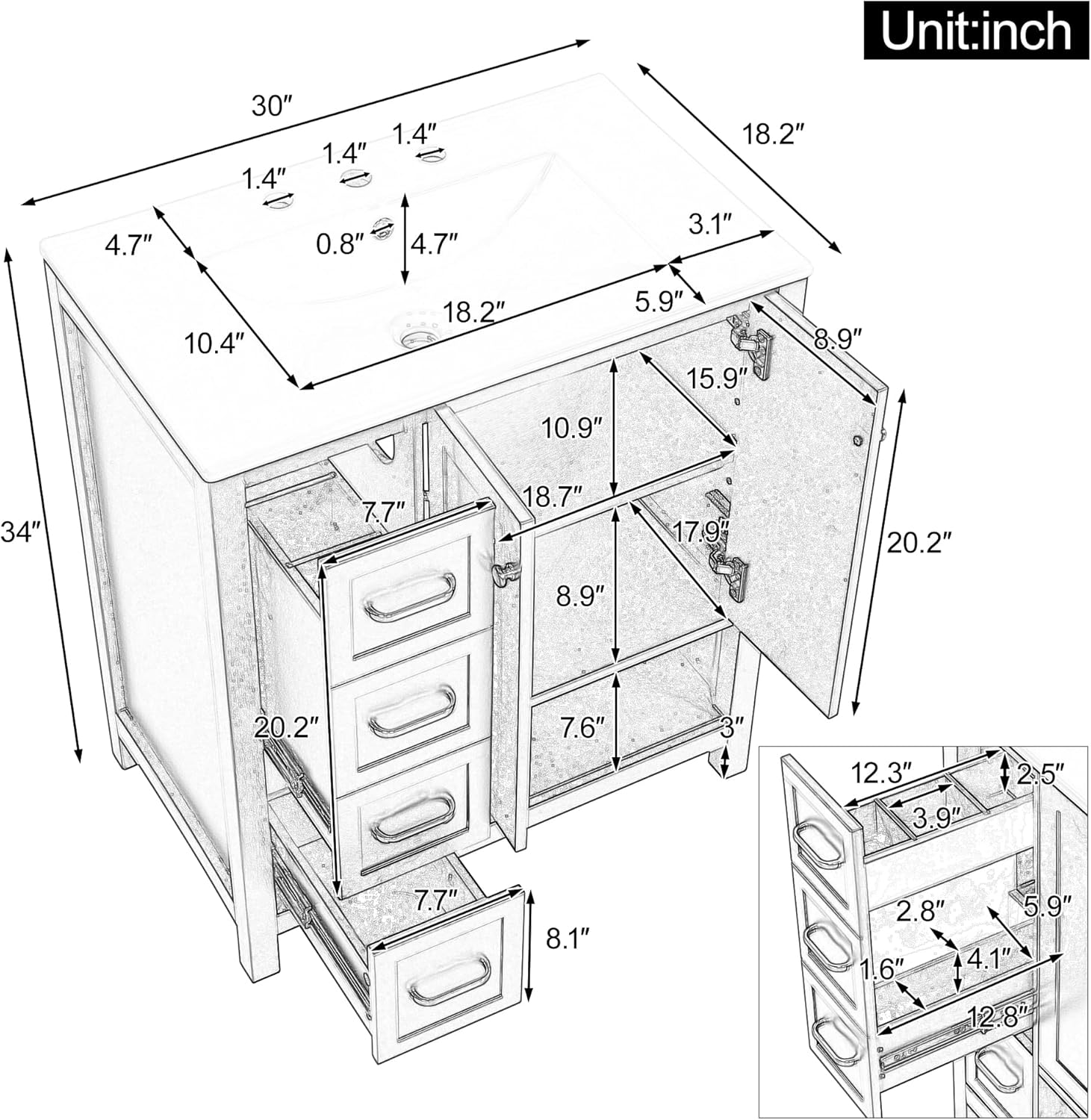 LUMISOL 30 Inch Bathroom Vanity with Ceramic Sink, Freestanding Bathroom Vanity with 2 Drawers, Soft-Close Doors & Open Shelf, Solid Wood Bathroom Cabinet with Offset Sink, Gray