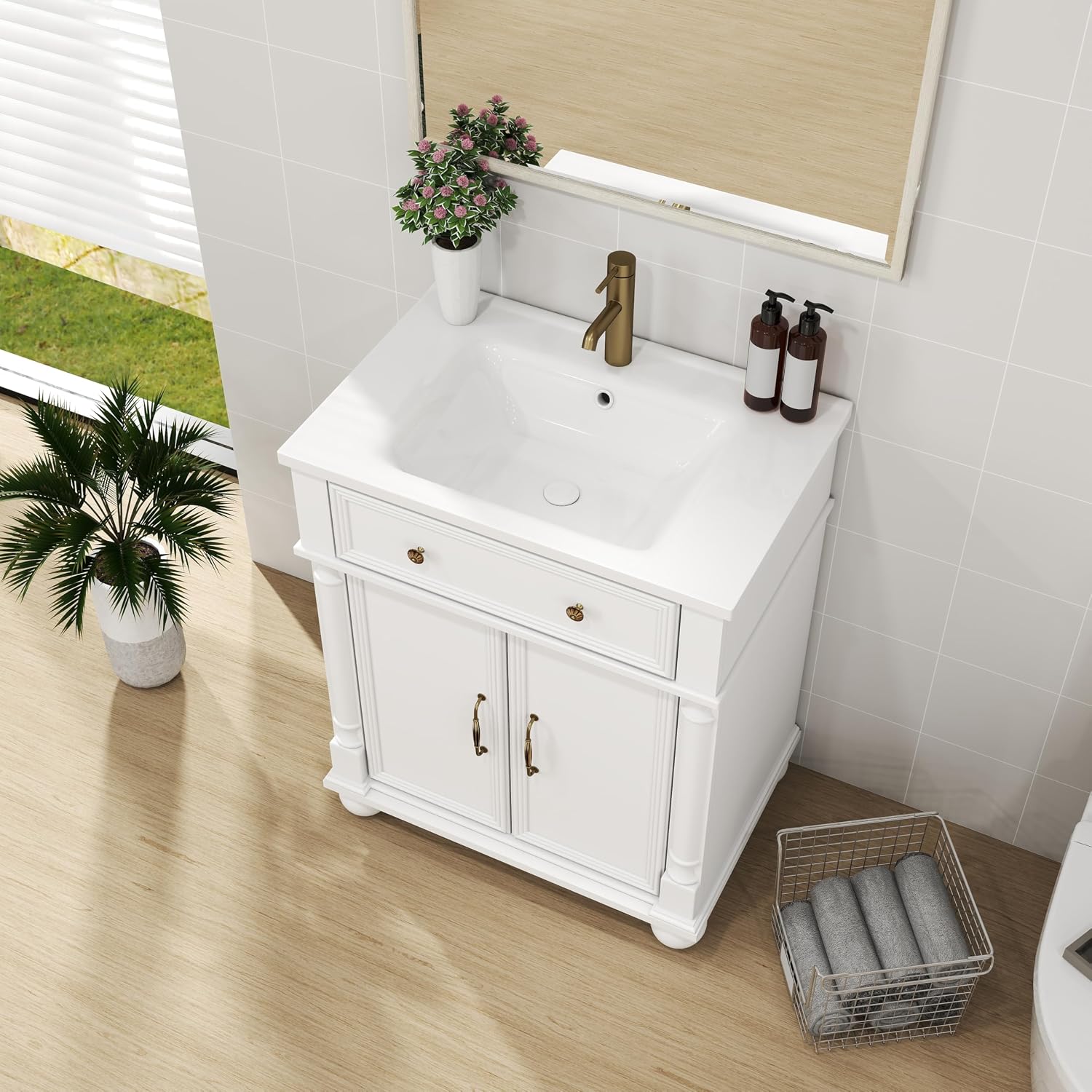 28 Inch Mid-Century Bathroom Vanity with Sink, Green Solid Wood Frame with Roman Column Base, Freestanding Cabinet with Metal Handles and Storage (White)