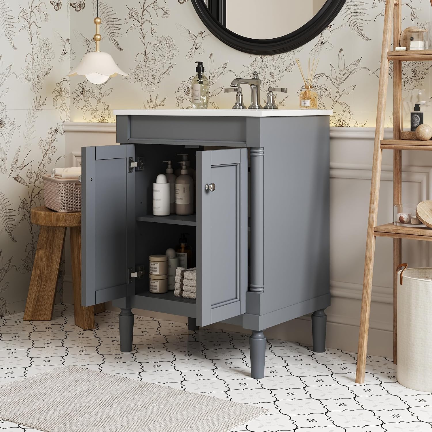 Merax 24' Bathroom Vanity with Sink, Powder Room Small Bathroom Vanity with 2-Door Cabinet, Undermount Sink, Solid Wood Frame Bathroom Storage Cabinet