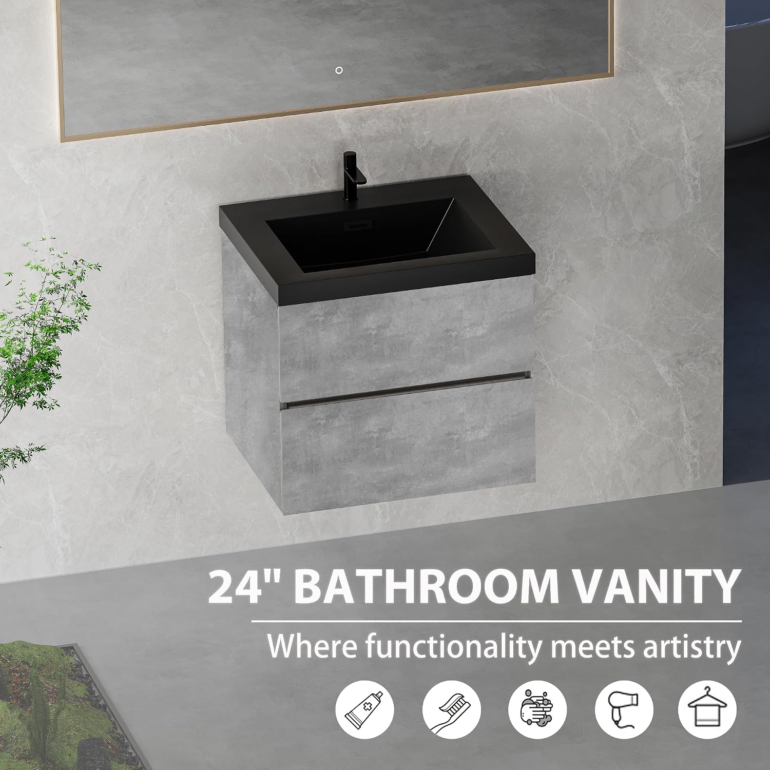 24' Floating Bathroom Vanity with Sink, Modern Wall-Mounted Bathroom Storage Vanity Cabinet with Black Quartz Sand Top Basin and Soft Close Drawers