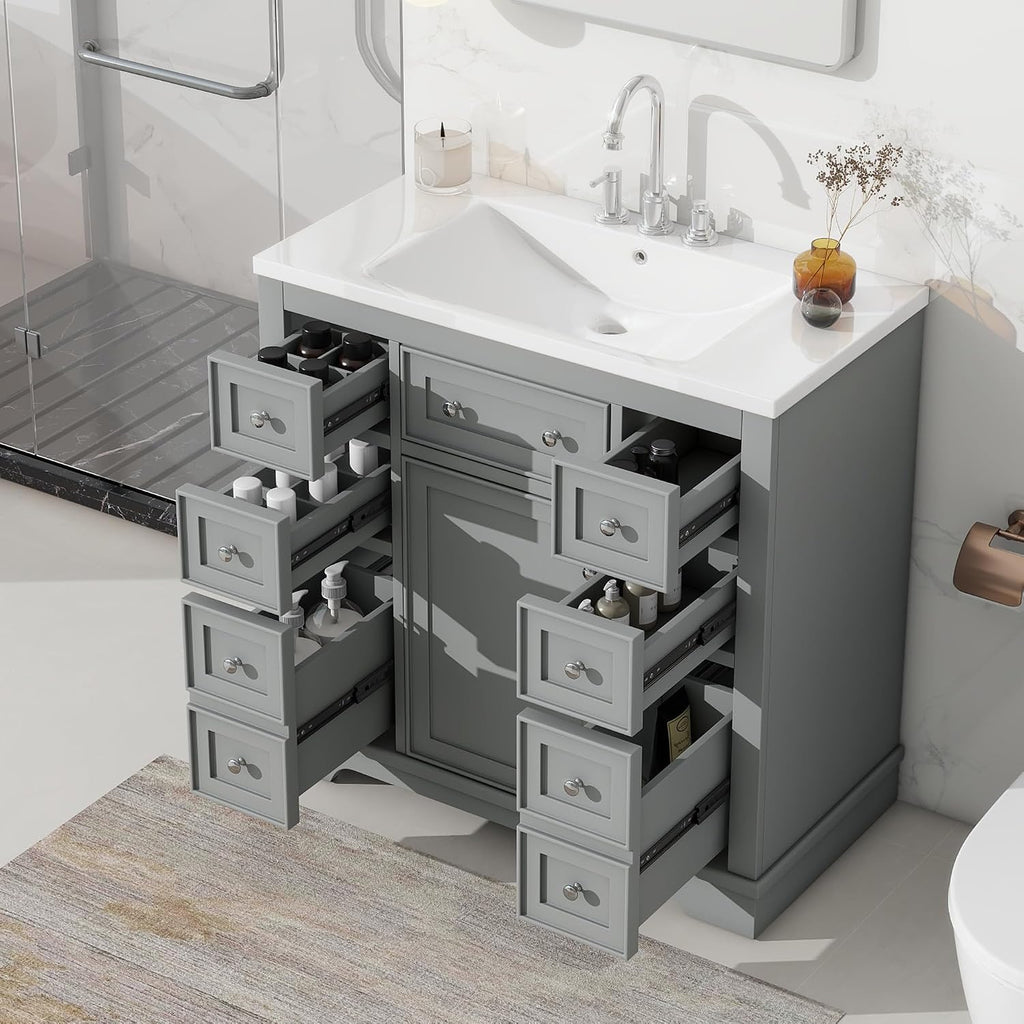 LUMISOL 36' Bathroom Vanity with Sink, Single Bathroom Vanity with 6 Drawers & Soft Closing Doors, Modern Bathroom Cabinet with Ceramic Basin Sink, Solid Wood Frame, Grey
