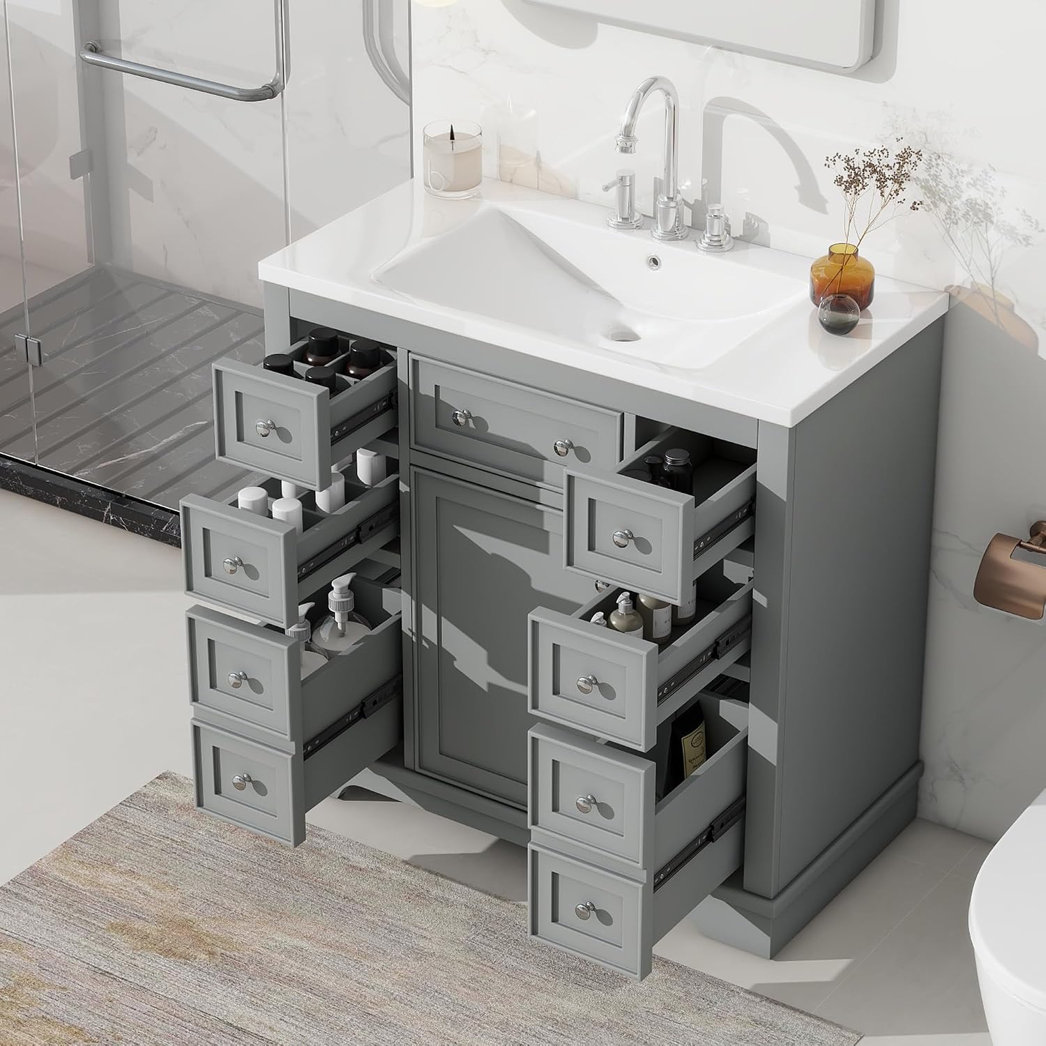 LUMISOL 36' Bathroom Vanity with Sink, Single Bathroom Vanity with 6 Drawers & Soft Closing Doors, Modern Bathroom Cabinet with Ceramic Basin Sink, Solid Wood Frame, Grey