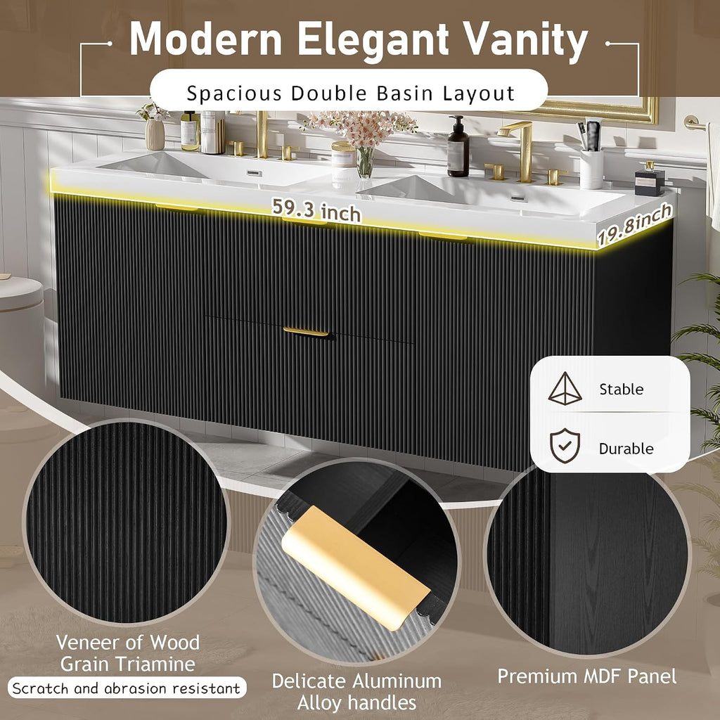 60' Bathroom Vanity with Sink Combo, Floating Double Sink Bathroom Vanity with SMC Resin Top, MDF Cabinet, Wall-Mounted Bath Room Vanities for Large Bathrooms (60''-Black)