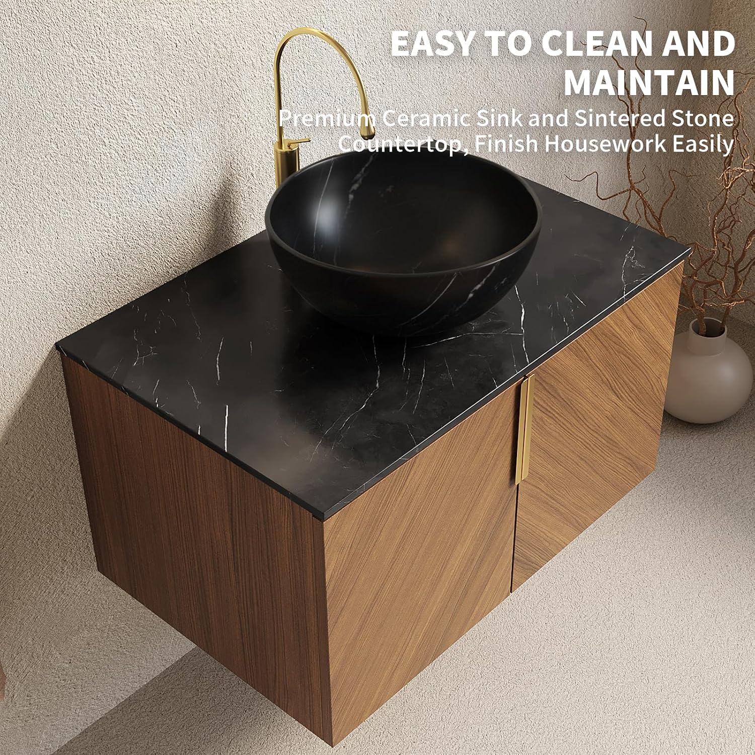 LKTART 30 Inch Bathroom Vanity with Sink, Modern Wall Mounted Bathroom Sink with 2 Doors, Black Sintered Stone Countertop and Gray-Black Bowl Ceramic Basin, Brown