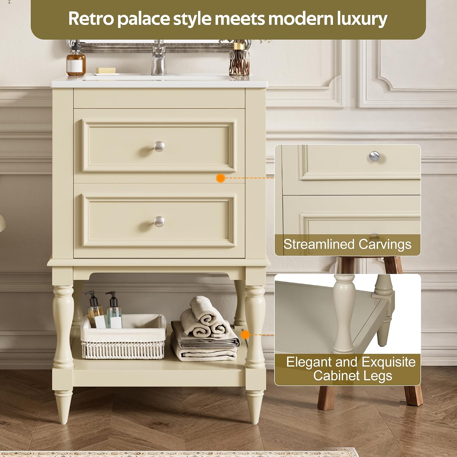 Merax Country 20' Bathroom Vanity with Sink, Farmhouse Bathroom Vanity Storage Cabinet with 2 Drawers and Open Shelf, Solid Wood Frame Bath Storage Vanity